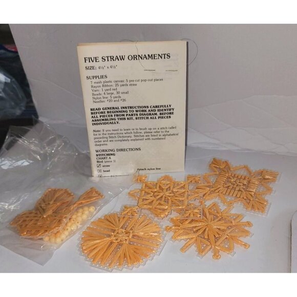 Vintage Straw Ornament Kit  4.5"x 4.5"  DIY Craft Set  Includes Beads Yarn Plast - Picture 3 of 8